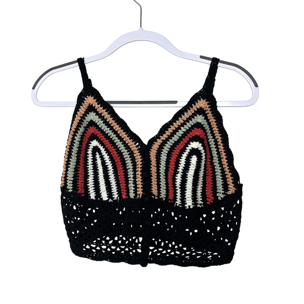 POL Crochet Rainbow Crop Top Festival Boho Sleeveless Tank Top Black Size M